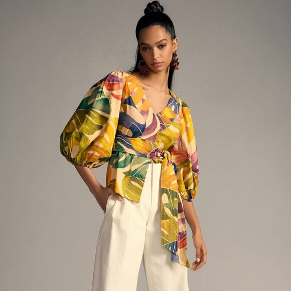 Farm Rio x Anthropologie Colorful Belted Puff Statement Sleeve Wrap Blouse - Picture 1 of 12